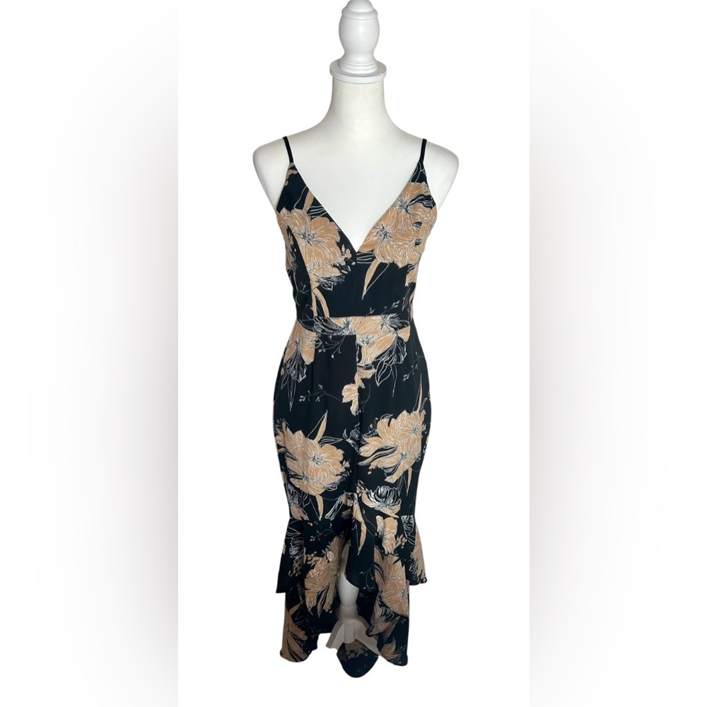 NWT Lulu's Black & Tan Floral V-Neck High Low Maxi Dress Sz M Boho Tropical